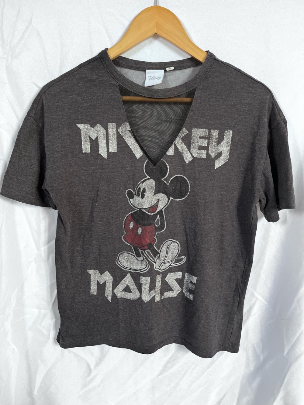 Disney Charcoal V-Neck Mesh - Mickey Mouse Graphic Tee